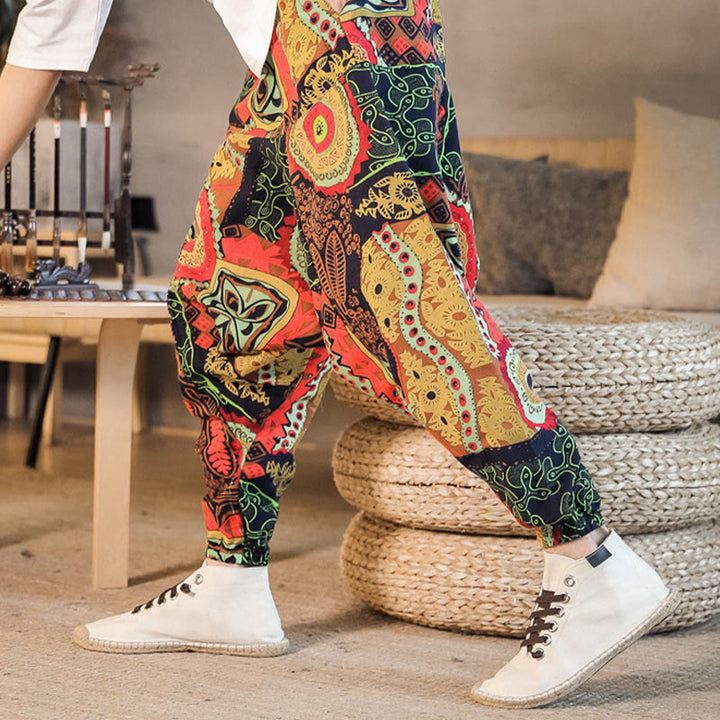 Buddha Stones Red Gold Casual Leaves Print Cotton Men's Harem Pants With Pockets - image 2