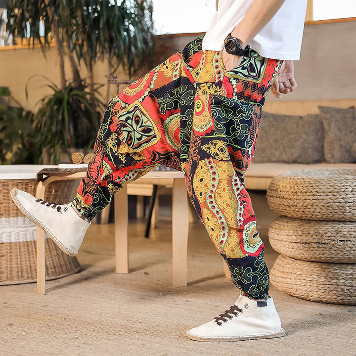 Buddha Stones Red Gold Casual Leaves Print Cotton Men's Harem Pants With Pockets - image 1