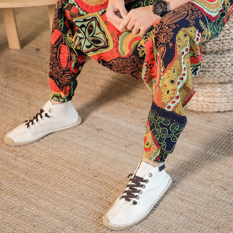 Buddha Stones Red Gold Casual Leaves Print Cotton Men's Harem Pants With Pockets - image 6