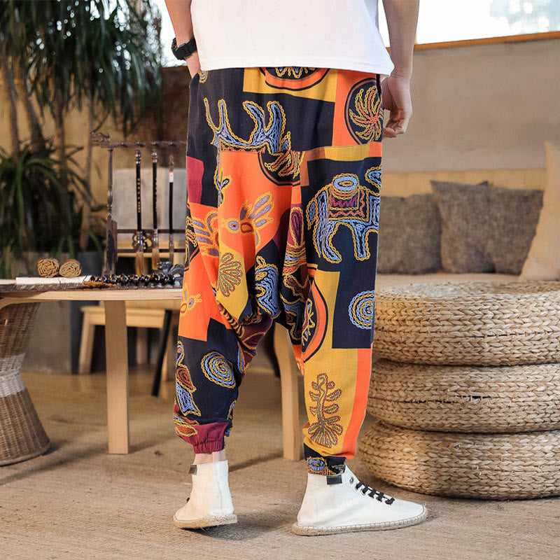 Buddha Stones Grid Flower Print Cotton Men's Harem Pants With Pockets