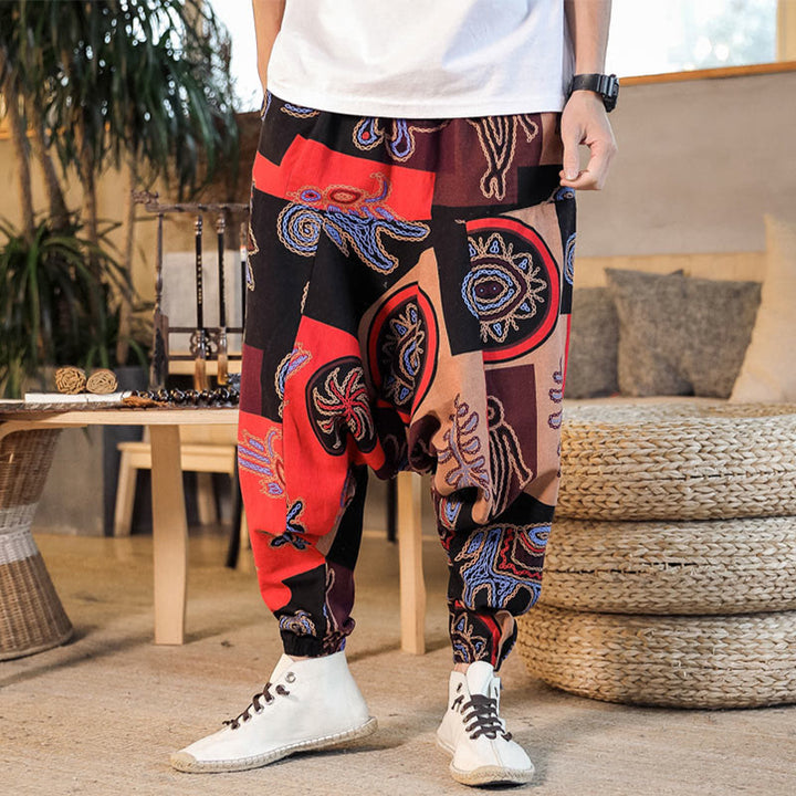 Buddha Stones Grid Flower Print Cotton Men's Harem Pants With Pockets