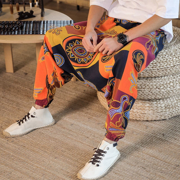 Buddha Stones Grid Flower Print Men's Harem Cropped Pants With Pockets - image 18