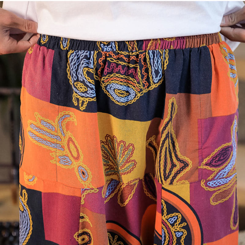Buddha Stones Grid Flower Print Men's Harem Cropped Pants With Pockets - image 20