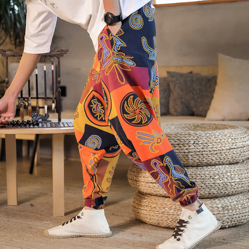 Buddha Stones Grid Flower Print Men's Harem Cropped Pants With Pockets - image 14