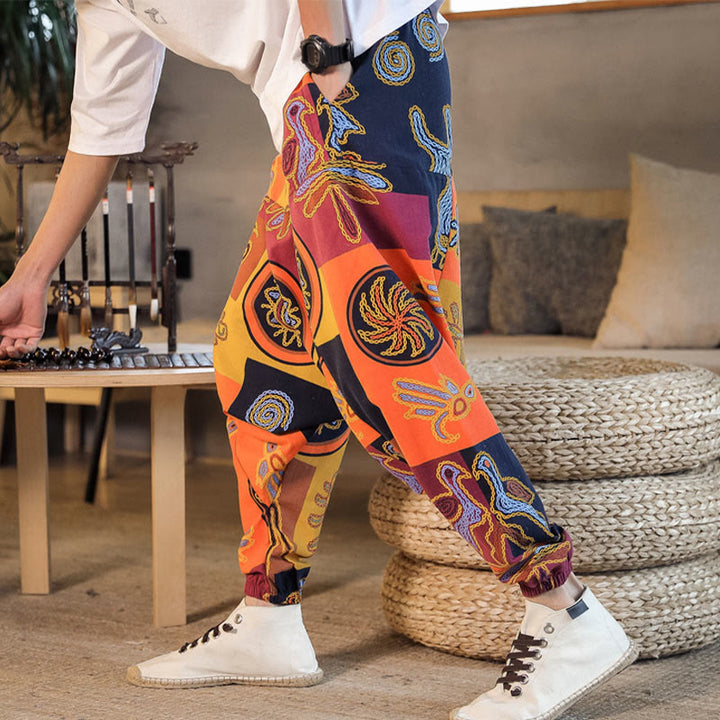 Buddha Stones Grid Flower Print Men's Harem Cropped Pants With Pockets - image 14