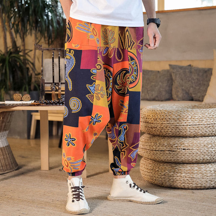 Buddha Stones Grid Flower Print Men's Harem Cropped Pants With Pockets - image 12