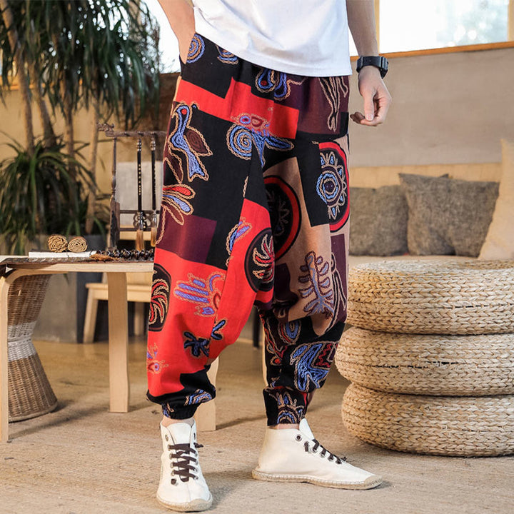 Buddha Stones Grid Flower Print Cotton Men's Harem Pants With Pockets