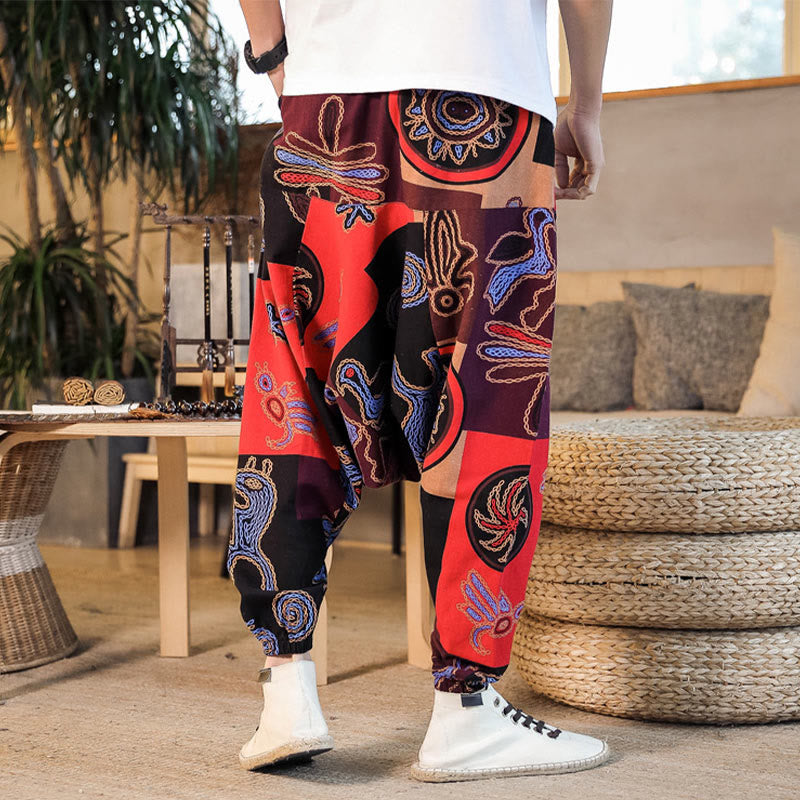 Buddha Stones Grid Flower Print Cotton Men's Harem Cropped Pants With Pockets - image 7