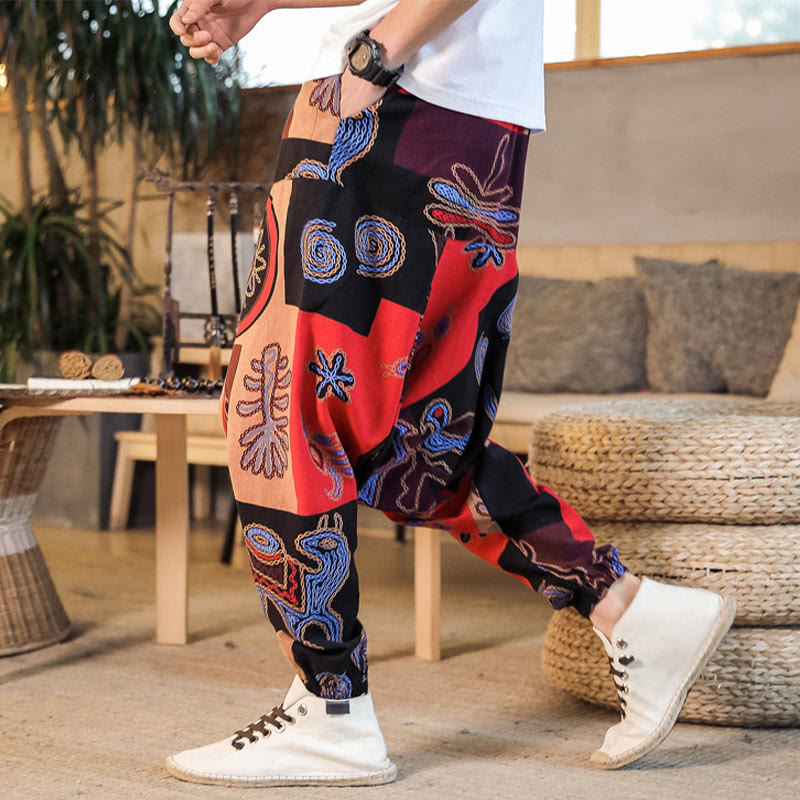 Buddha Stones Grid Flower Print Cotton Men's Harem Cropped Pants With Pockets - Red - US/UK/AU42，EU52 (3XL) - image 0