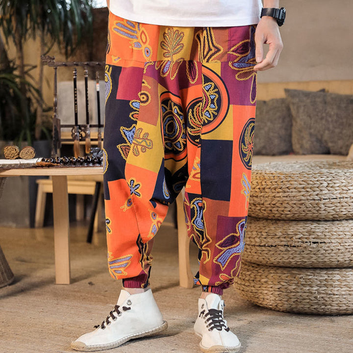 Buddha Stones Grid Flower Print Cotton Men's Harem Pants With Pockets - image 13