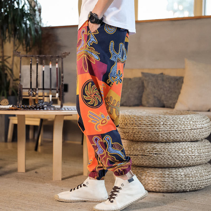 Buddha Stones Grid Flower Print Men's Harem Cropped Pants With Pockets - image 16