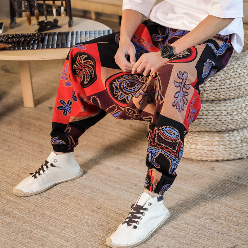 Buddha Stones Grid Flower Print Cotton Men's Harem Cropped Pants With Pockets - image 8