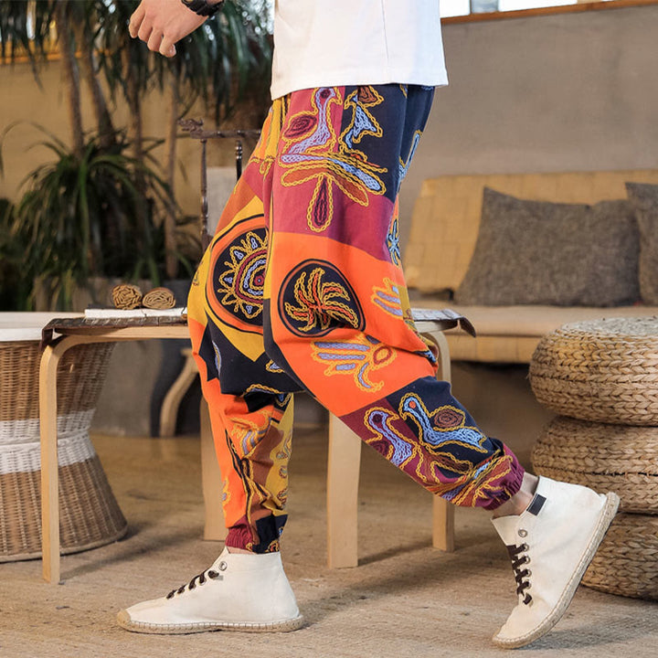 Buddha Stones Grid Flower Print Men's Harem Cropped Pants With Pockets - DarkOrange - US/UK/AU42，EU52 (3XL) - image 11