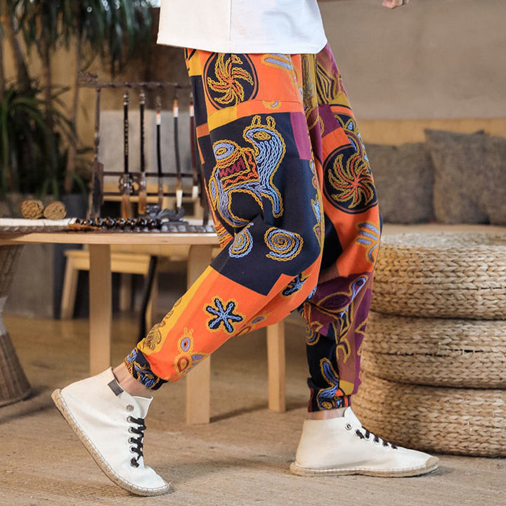 Buddha Stones Grid Flower Print Men's Harem Cropped Pants With Pockets - image 17