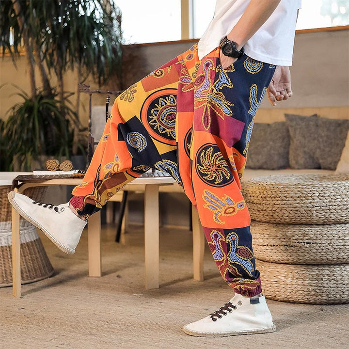 Buddha Stones Grid Flower Print Men's Harem Cropped Pants With Pockets - image 15