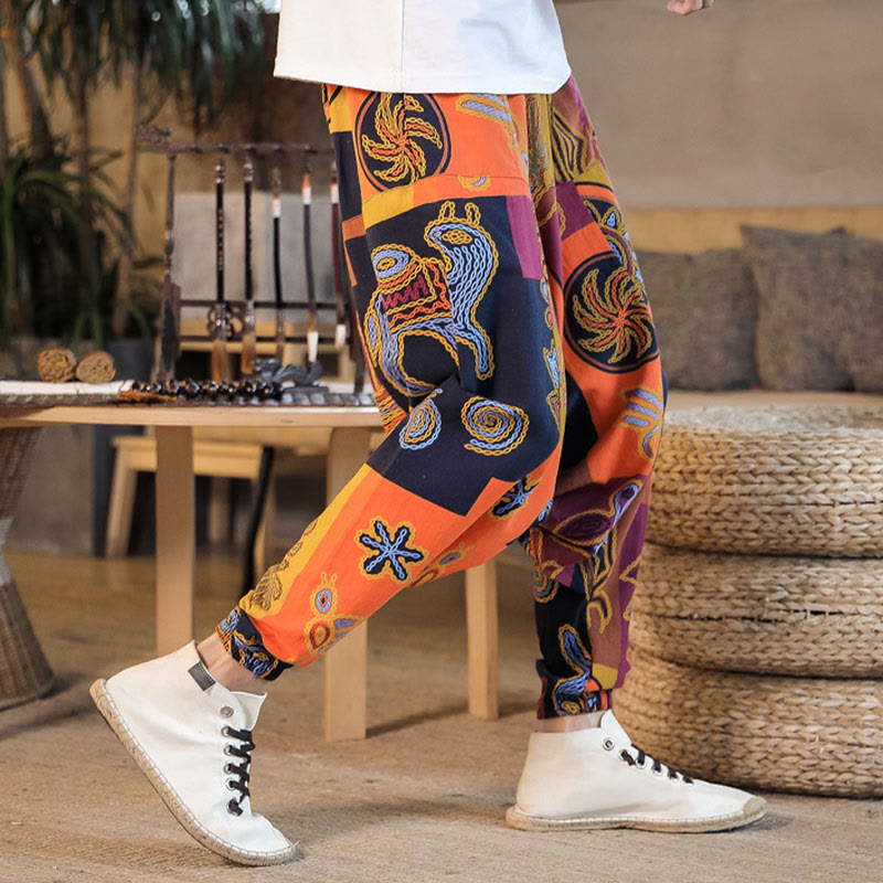 Buddha Stones Grid Flower Print Cotton Men's Harem Cropped Pants With Pockets - image 17