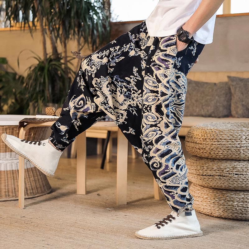 Buddha Stones Chinese Dragon Pattern Cotton Men's Harem Pants With Pockets - image 6