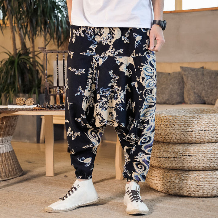 Buddha Stones Chinese Dragon Pattern Cotton Men's Harem Pants With Pockets - image 2