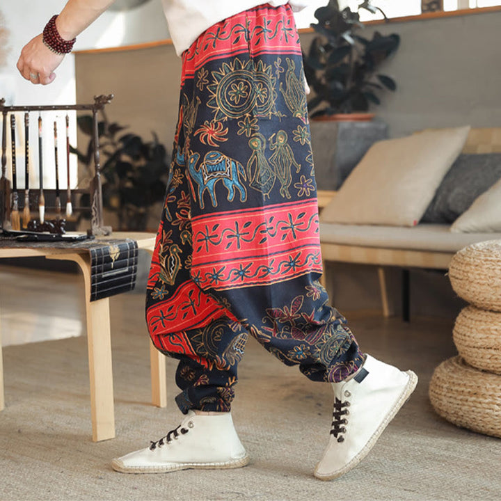 Buddha Stones Colorful Camel Figure Pattern Cotton Men's Harem Pants With Pockets