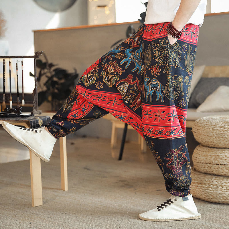 Buddha Stones Colorful Camel Figure Pattern Cotton Men's Harem Pants With Pockets - Black - US/UK/AU42，EU52 (3XL) - image 0