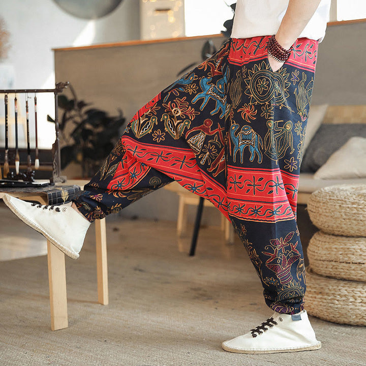 Buddha Stones Colorful Camel Figure Pattern Cotton Men's Harem Pants With Pockets - Black - US/UK/AU42，EU52 (3XL) - image 0