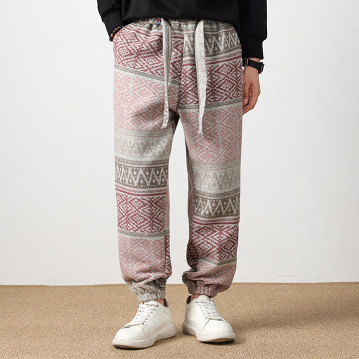 Buddha Stones Ethnic Jacquard Knitting Drawstring Men's Pants With Pockets