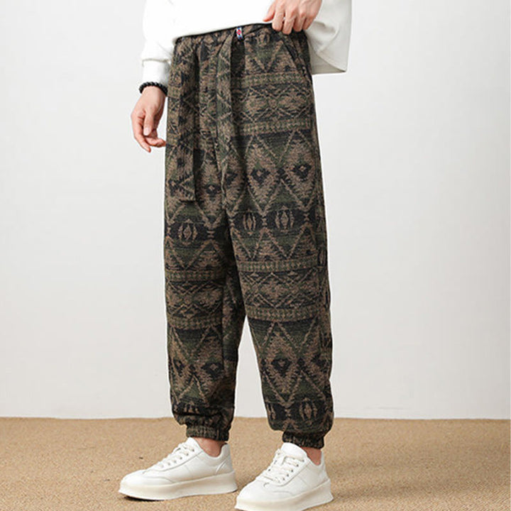 Buddha Stones Ethnic Jacquard Knitting Drawstring Men's Pants With Pockets