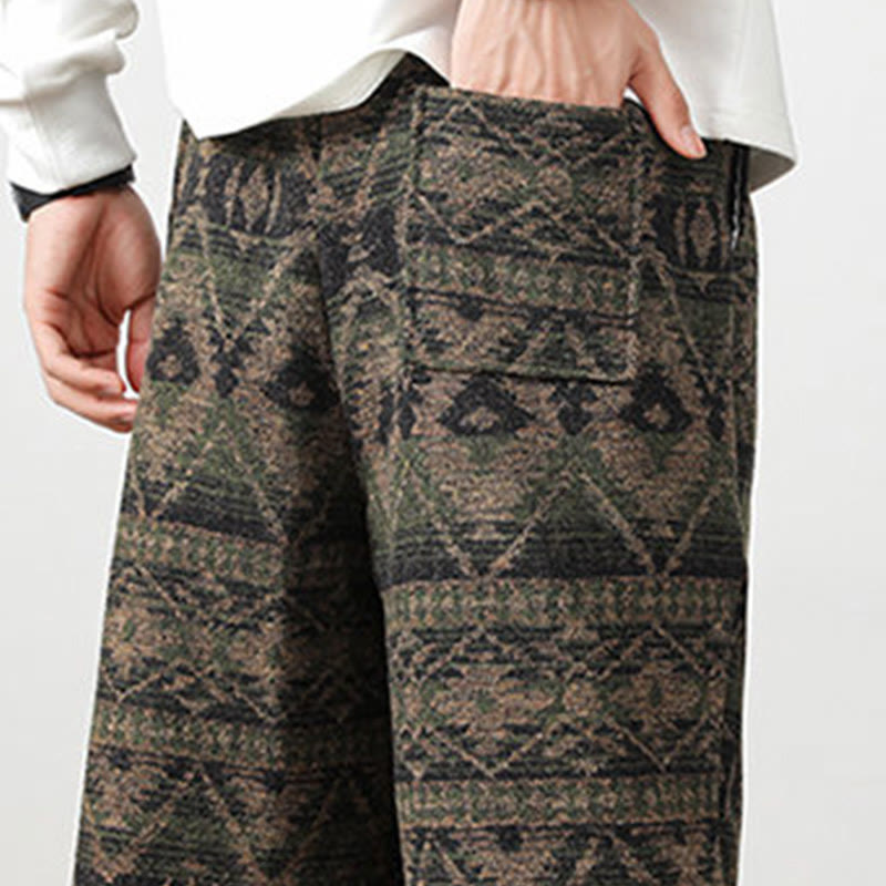 Buddha Stones Ethnic Jacquard Knitting Drawstring Men's Pants With Pockets