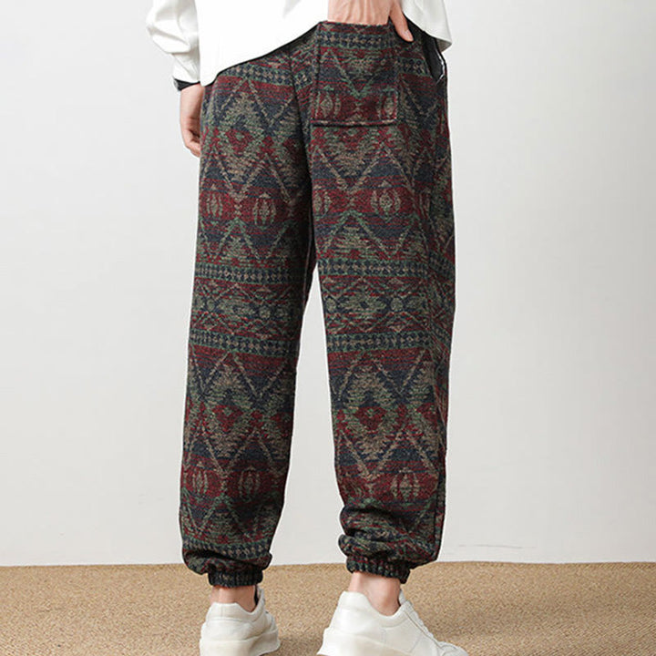 Buddha Stones Ethnic Jacquard Knitting Drawstring Men's Pants With Pockets