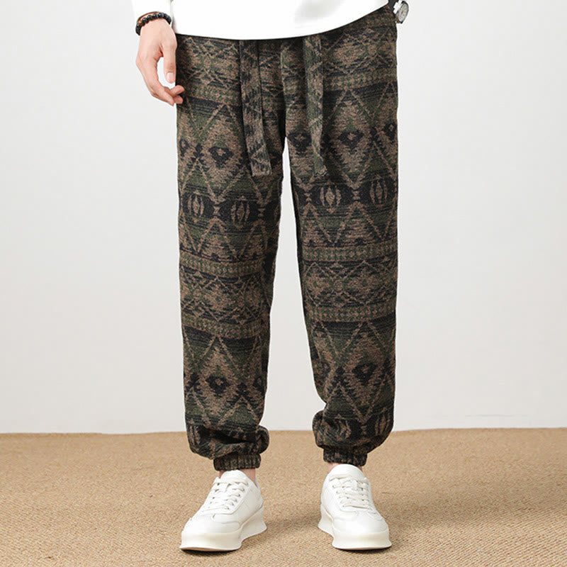 Buddha Stones Ethnic Jacquard Knitting Drawstring Men's Pants With Pockets