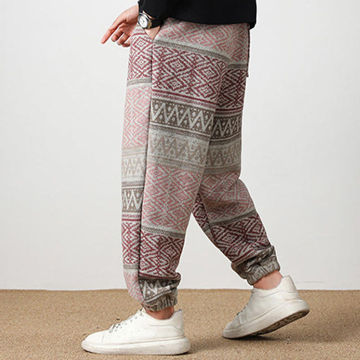 Buddha Stones Ethnic Jacquard Knitting Drawstring Men's Pants With Pockets