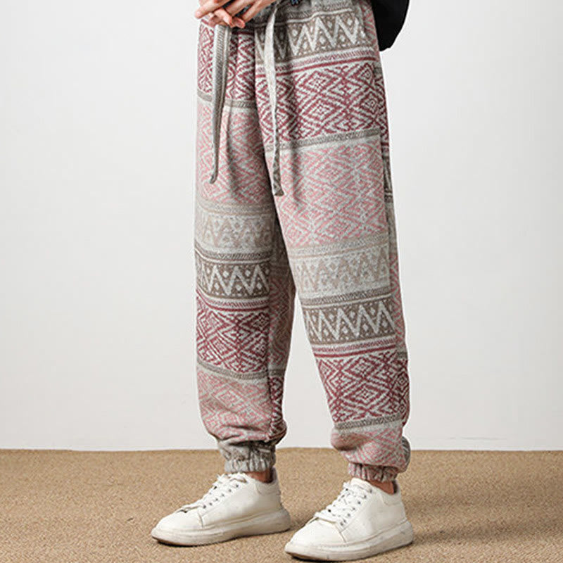 Buddha Stones Ethnic Jacquard Knitting Drawstring Men's Pants With Pockets