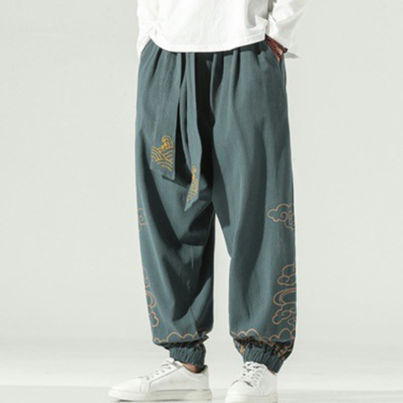 Buddha Stones Auspicious Clouds Cotton Linen Men's Drawstring Harem Pants With Pockets