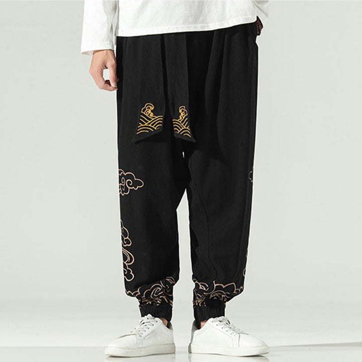 Buddha Stones Auspicious Clouds Cotton Linen Men's Drawstring Harem Pants With Pockets - image 2