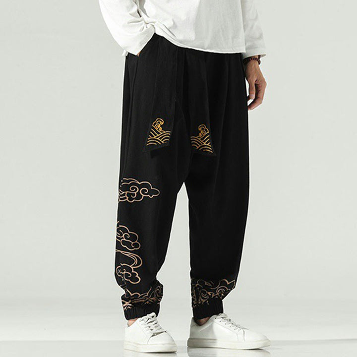 Buddha Stones Auspicious Clouds Cotton Linen Men's Drawstring Harem Pants With Pockets