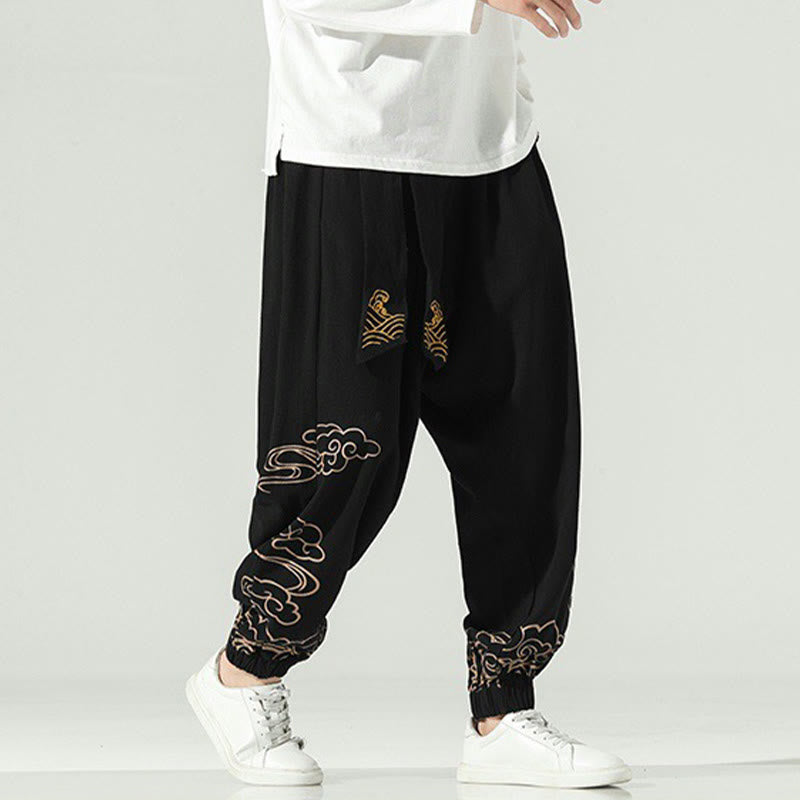 Buddha Stones Auspicious Clouds Cotton Linen Men's Drawstring Harem Pants With Pockets