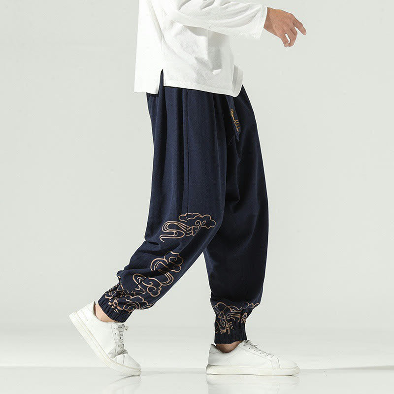 Buddha Stones Auspicious Clouds Cotton Linen Men's Drawstring Harem Pants With Pockets - image 12