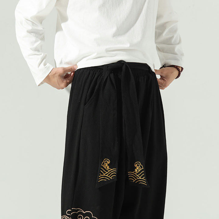 Buddha Stones Auspicious Clouds Cotton Linen Men's Drawstring Harem Pants With Pockets - image 10