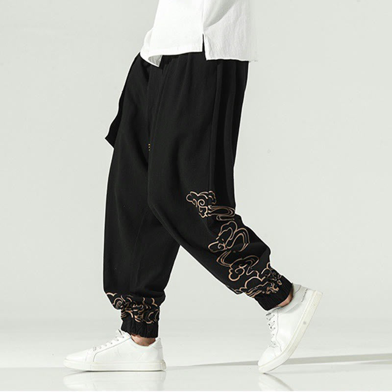 Buddha Stones Auspicious Clouds Cotton Linen Men's Drawstring Harem Pants With Pockets - image 8