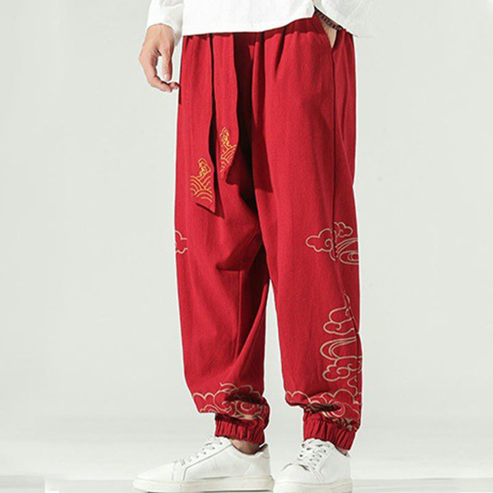 Buddha Stones Auspicious Clouds Cotton Linen Men's Drawstring Harem Pants With Pockets