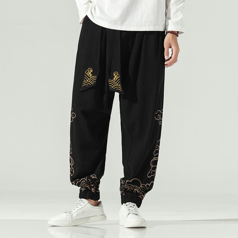 Buddha Stones Auspicious Clouds Cotton Linen Men's Drawstring Harem Pants With Pockets - Black - US/UK/AU46，EU56 (5XL) - image 0
