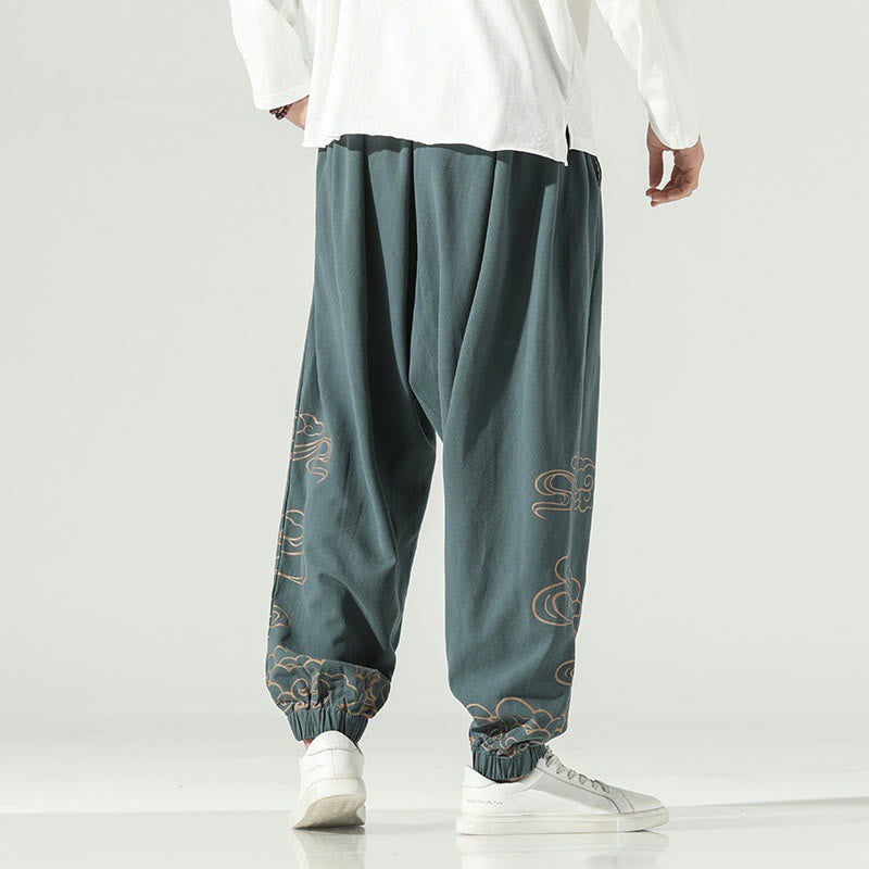 Buddha Stones Auspicious Clouds Cotton Linen Men's Drawstring Harem Pants With Pockets