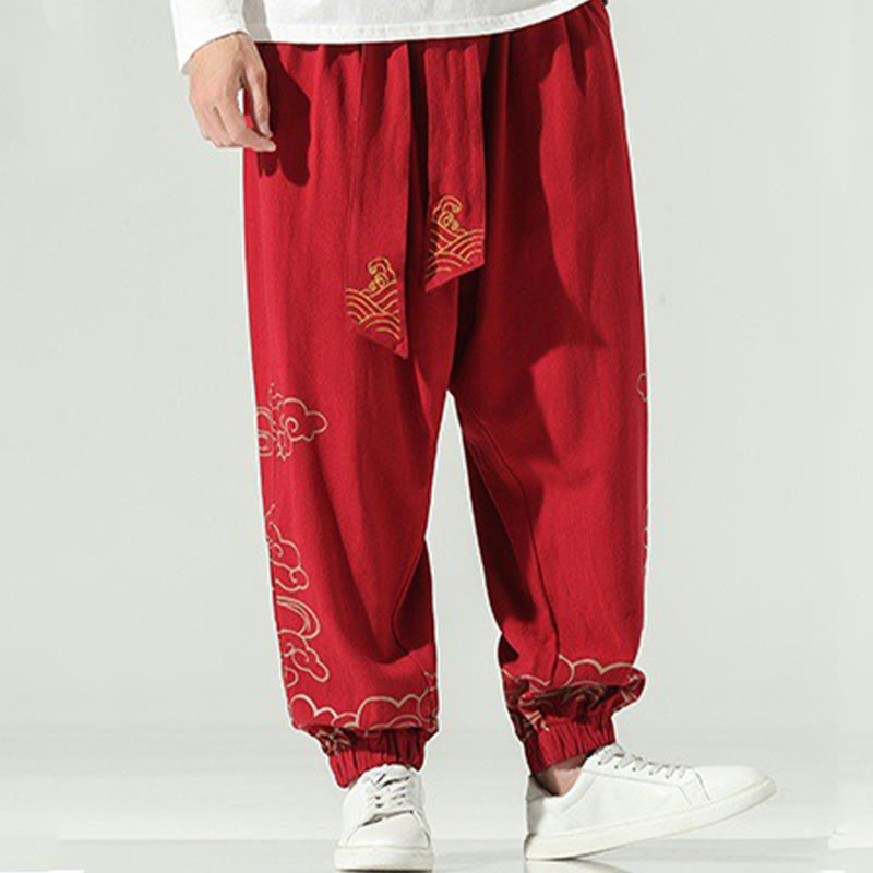Buddha Stones Auspicious Clouds Cotton Linen Men's Drawstring Harem Pants With Pockets - image 17