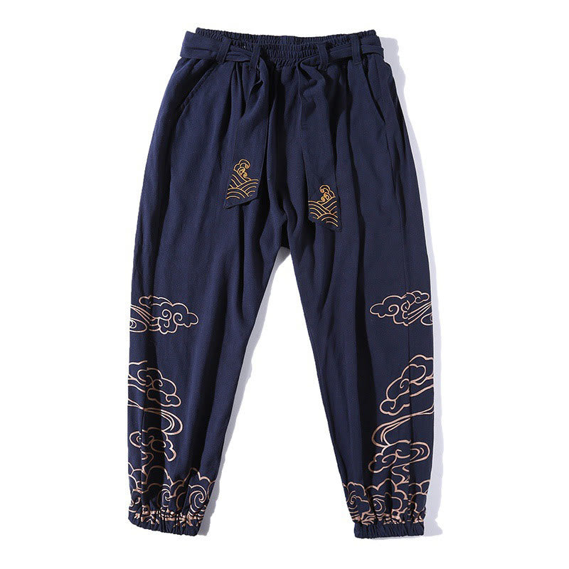 Buddha Stones Auspicious Clouds Cotton Linen Men's Drawstring Harem Pants With Pockets - image 14