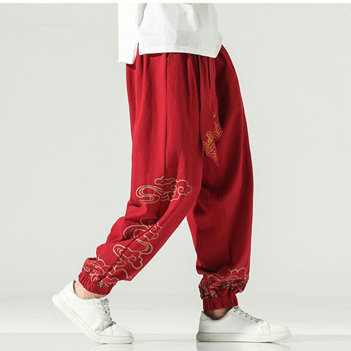 Buddha Stones Auspicious Clouds Cotton Linen Men's Drawstring Harem Pants With Pockets - image 21