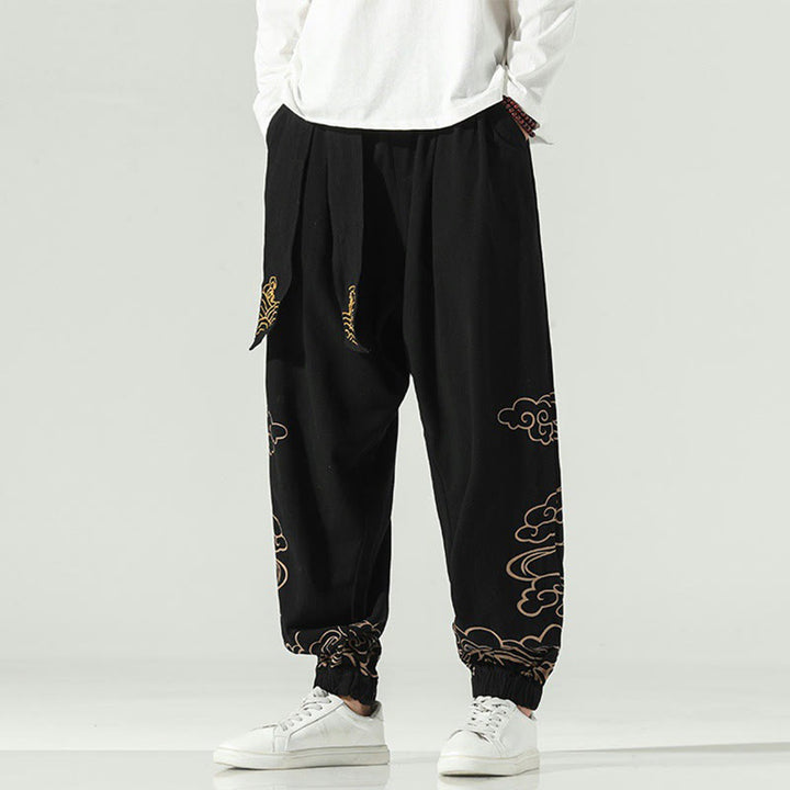 Buddha Stones Auspicious Clouds Cotton Linen Men's Drawstring Harem Pants With Pockets - image 6