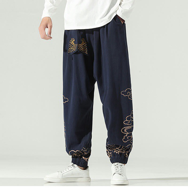 Buddha Stones Auspicious Clouds Cotton Linen Men's Drawstring Harem Pants With Pockets