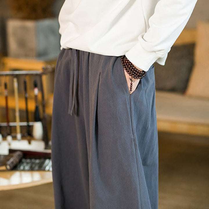 Buddha Stones Solid Color Cotton Linen Drawstring Men's Harem Pants With Pockets - image 38