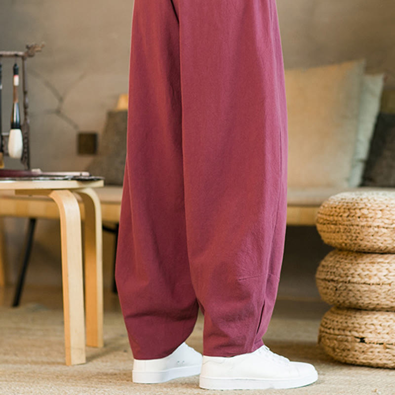 Buddha Stones Solid Color Cotton Linen Drawstring Men's Harem Pants With Pockets - image 10