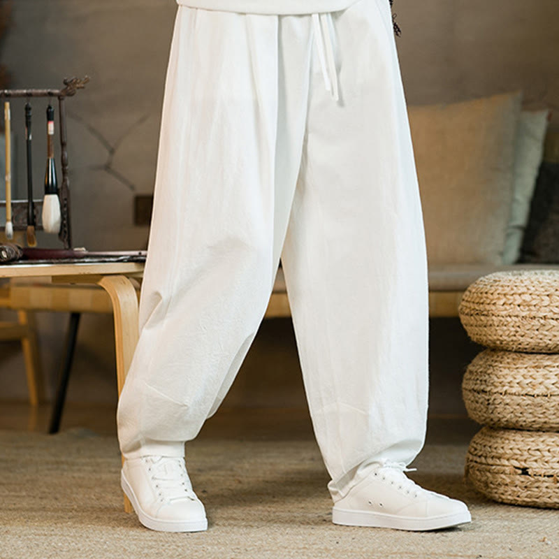 Buddha Stones Solid Color Cotton Linen Drawstring Men's Harem Pants With Pockets - image 19